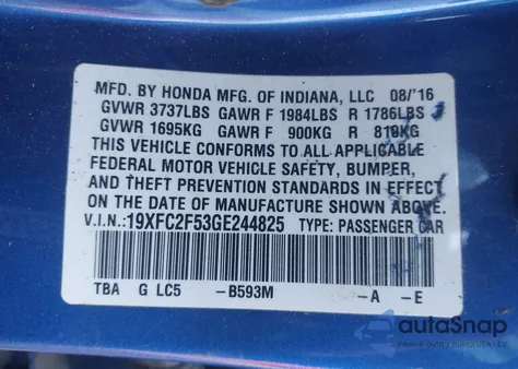 2016 Honda Civic Lx z USA, uszkodzony, nr VIN 19XFC2F53GE244825